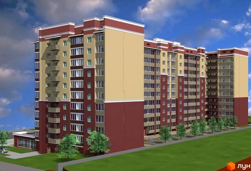 Житловий комплекс Приозерний: багатоповерховий будинок з червоно-коричневими та світлими фасадами, балконами. Прибудинкова територія озеленена деревами та газоном.