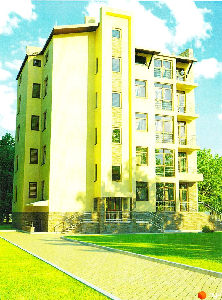 Новобудова на вул. Варшавська, 103: багатоповерховий будинок світло-жовтого кольору з балконами та великими вікнами, оточений зеленим газоном.