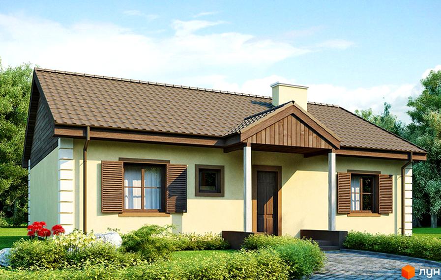 Котеджне містечко Вишеградський квартал: одноповерховий будинок з коричневим дахом, вікнами з дерев'яними віконницями та ганком. Зелена прибудинкова територія з кущами та квітами.