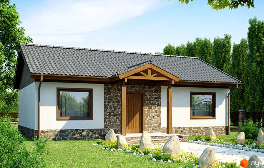 Котеджне містечко Вишеградський квартал: одноповерховий будинок з кам'яним цоколем та дерев'яним ґанком. Навколо будинку доглянутий газон з декоративними каменями та квітами.