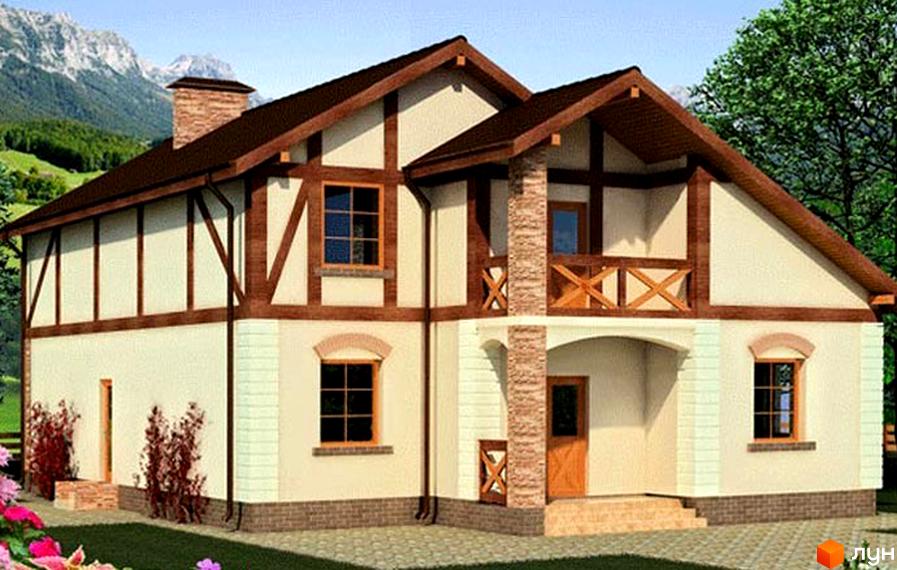 Котеджне містечко Вишеградський квартал: двоповерховий будинок у стилі фахверк з коричневим дахом та дерев'яними балками. Навколо будинку зелений газон та квіти.