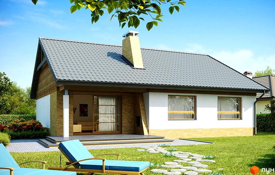 Котеджне містечко КМ Вишеградський квартал: одноповерховий будинок з сірим дахом, дерев'яним фасадом та великими вікнами. Прибудинкова територія з газоном, доріжкою з каменів та шезлонгами.