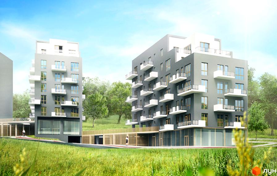 Житловий комплекс Малоголосківські пагорби: сірі багатоповерхові будинки з білими балконами, зелена прибудинкова територія з деревами та травою.