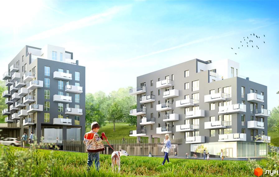 Зовнішній вигляд житлового комплексу Малоголосківські пагорби з сірими фасадами та білими балконами. На прибудинковій території прогулюються люди з собакою.