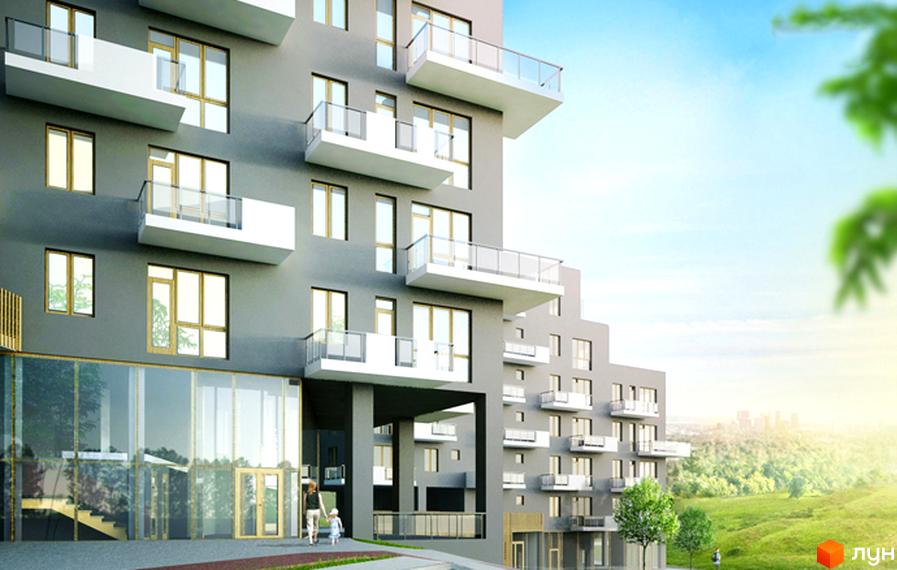 Житловий комплекс Малоголосківські пагорби з балконами та скляним фасадом. Навколо зелені пагорби та дерева, видно місто на горизонті.