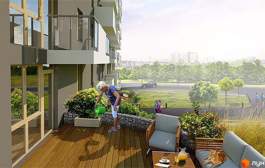 Житловий комплекс Малоголосківські пагорби: сучасна архітектура та доглянута прибудинкова територія з місцями для відпочинку. Жінка поливає рослини на балконі.