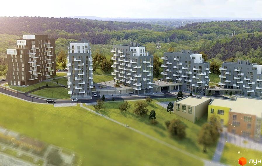 Житловий комплекс Малоголосківські пагорби. Сучасні багатоповерхові будинки з балконами та прибудинковою територією з зеленими насадженнями та доріжками.