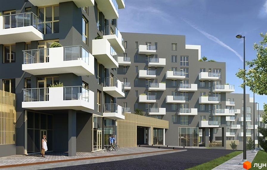 Зовнішній вигляд новобудови ЖК Малоголосківські пагорби з численними балконами та сучасними фасадами. На прибудинковій території видно тротуар та зелені насадження.