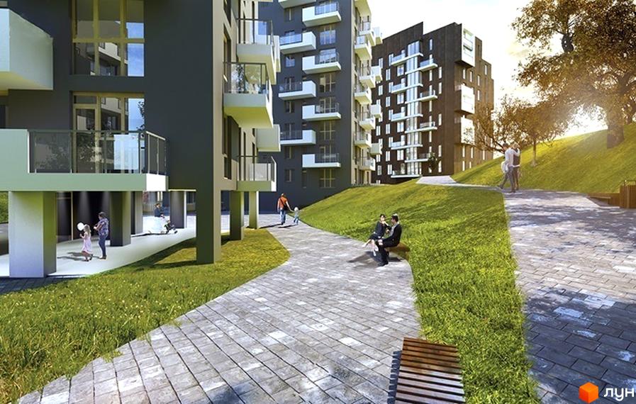 Новобудова Малоголосківські пагорби. Сучасні будівлі з балконами та панорамними вікнами. Доглянута прибудинкова територія з пішохідними доріжками та зеленими зонами.