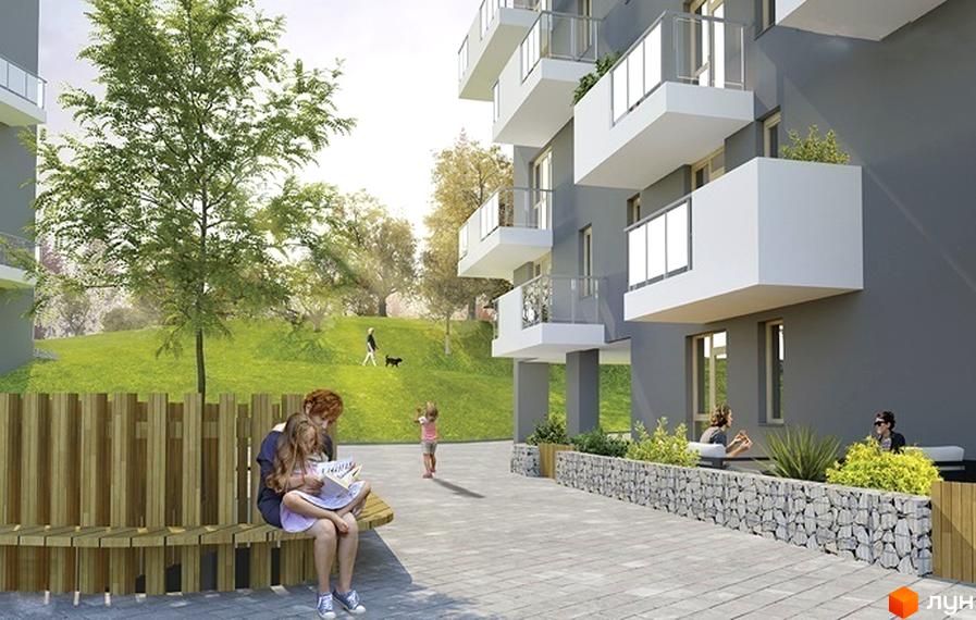 Житловий комплекс Малоголосківські пагорби. Зовнішній вигляд будинку з балконами та прибудинкова територія з ландшафтним дизайном, зоною відпочинку та дитиною, що читає.