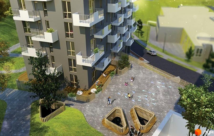 Зовнішній вигляд новобудови ЖК Малоголосківські пагорби з балконами та вікнами. Прибудинкова територія з дитячим майданчиком та зеленими зонами.