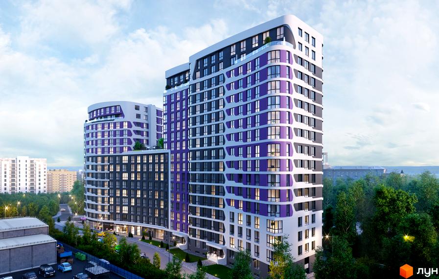 Зображення багатоповерхового будинку з фіолетовими вставками. Житловий комплекс Парус Smart з великими вікнами та прибудинковою територією.