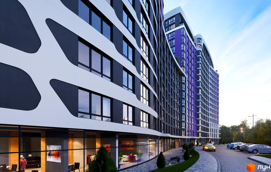 Зображення фасаду та прибудинкової території Житлового комплексу Парус Smart. Багатоповерхова будівля з великими вікнами та тротуаром.