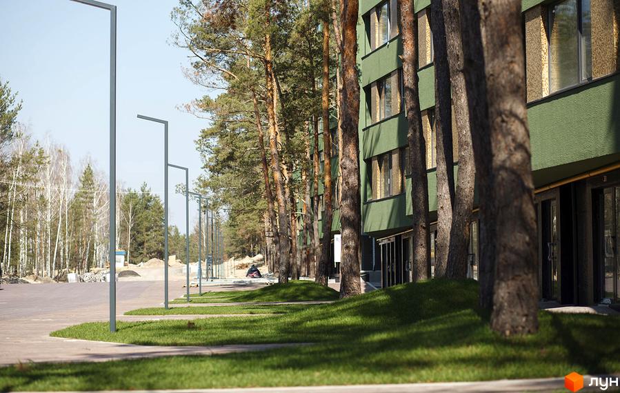 Зелений фасад будівлі ЖК Park Town з великими вікнами. Перед будинком доглянутий газон та алея з деревами.