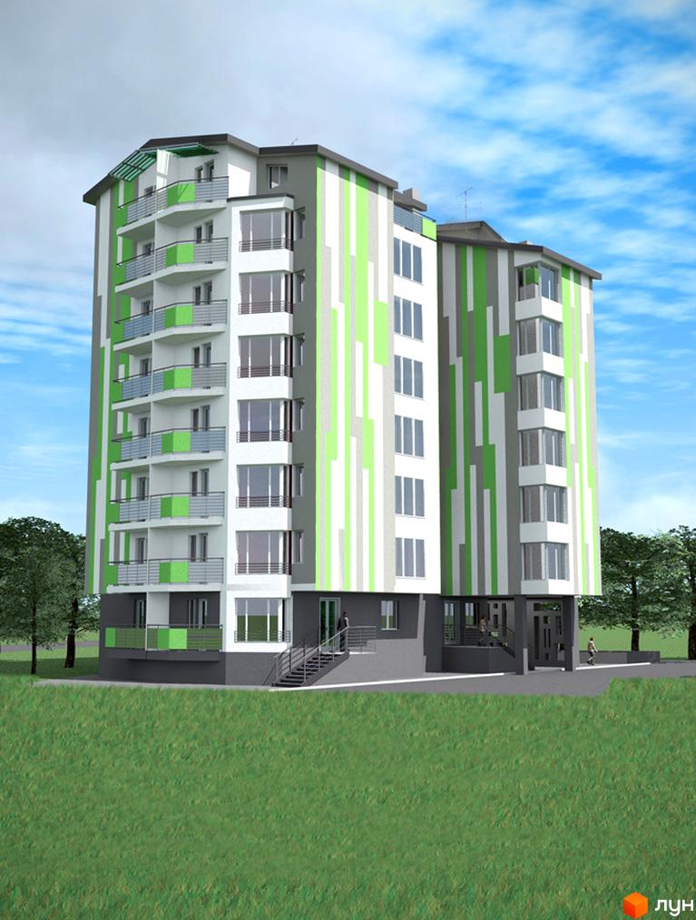 Житловий комплекс Гармонія. Зовнішній вигляд багатоповерхового будинку з балконами та вікнами, оздоблений зеленими та сірими смугами. Навколо будинку зелений газон та дерева.