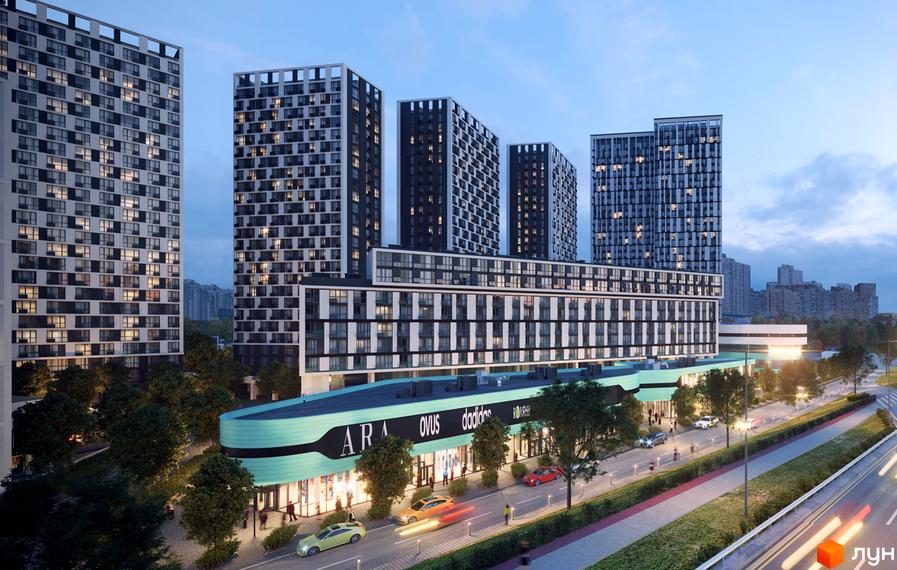 Житловий комплекс Славутич 2.0 - це сучасна архітектура з висотними будинками та комерційними приміщеннями на перших поверхах. Територія навколо комплексу озеленена деревами, є пішохідні зони та дорога з автомобілями.