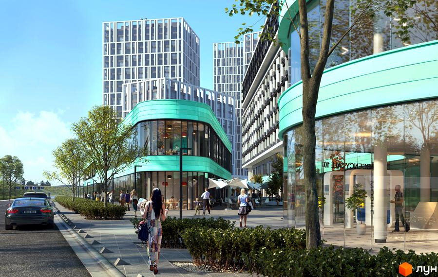 Житловий комплекс Славутич 2.0: сучасна архітектура з білими фасадами та бірюзовими елементами, зелена прибудинкова територія з деревами та пішохідними зонами.