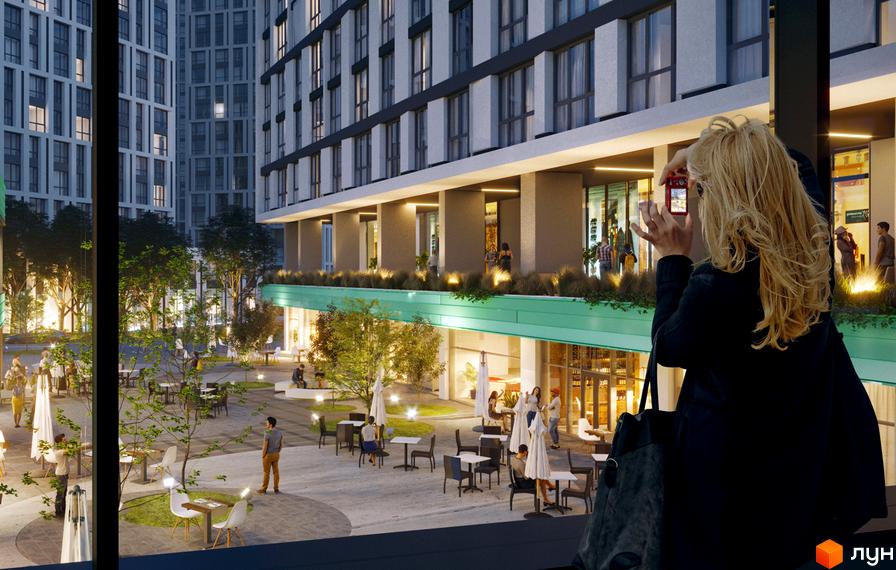 Зовнішній вигляд ЖК Славутич 2.0 з терасами та зонами відпочинку. На території комплексу розташовані кафе та зелені насадження.