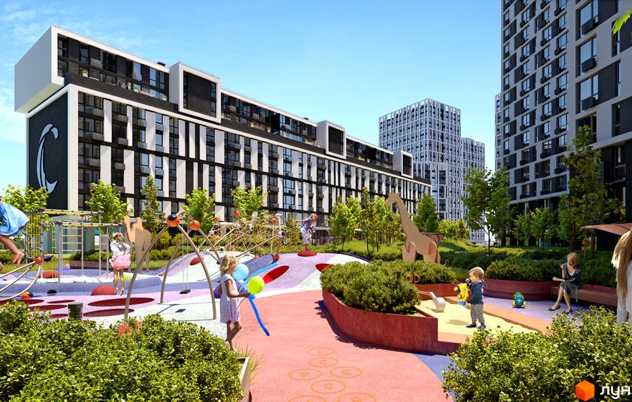 Житловий комплекс Славутич 2.0: сучасна архітектура з дитячим майданчиком та зонами відпочинку. Зелена територія для дозвілля дітей та дорослих.