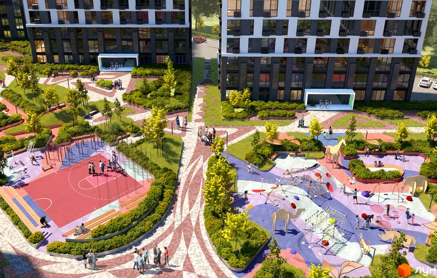 Житловий комплекс Славутич 2.0: фасади будівель та облаштована прибудинкова територія з дитячими майданчиками та зонами відпочинку.