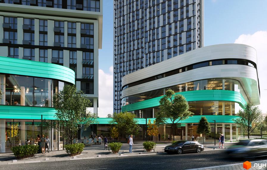 Зовнішній вигляд ЖК Славутич 2.0 з сучасними фасадами та скляними вікнами. Прибудинкова територія з деревами та місцями для відпочинку.