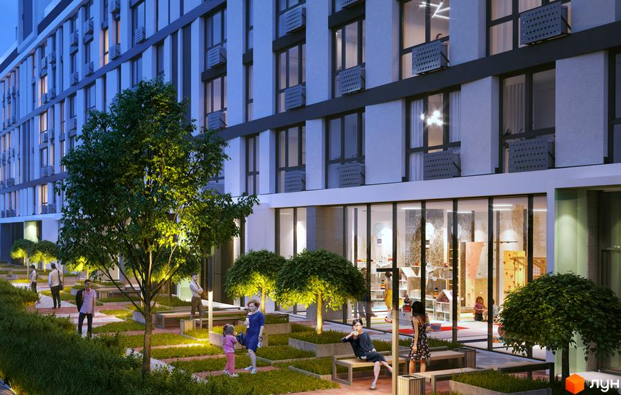 Житловий комплекс Славутич 2.0: фасад будівлі з вікнами та кондиціонерами, прибудинкова територія з деревами, лавками та людьми.