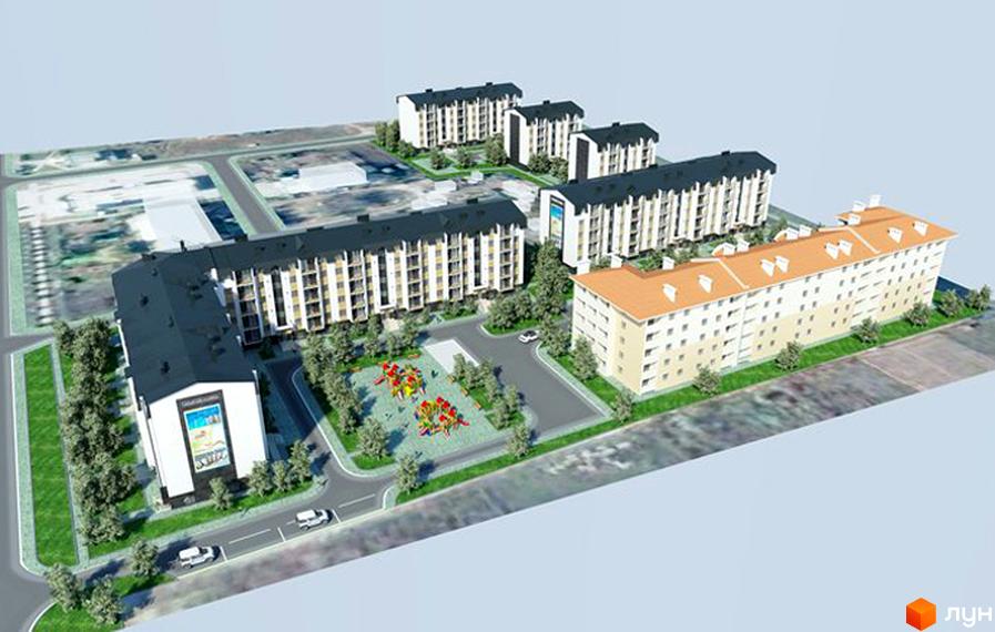 Житловий комплекс Новосел: багатоповерхові будинки з темними та помаранчевими дахами, світлими фасадами. Територія має дитячий майданчик та дерева.