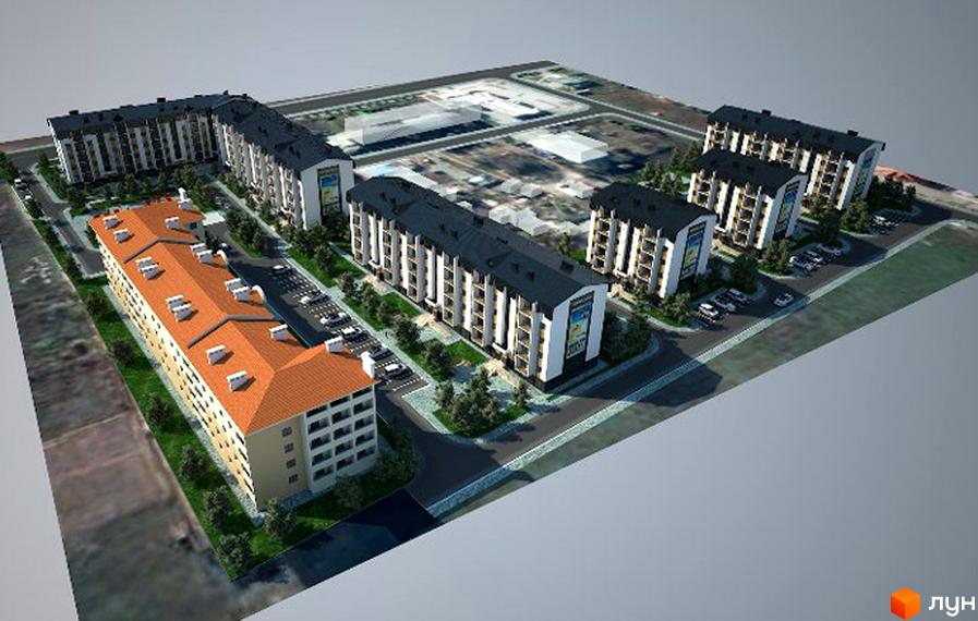 Зображення Житлового комплексу Новосел. На фото будинки з теракотовими дахами та багатоповерхівки з темними покрівлями, прибудинкова територія з деревами та парковкою.