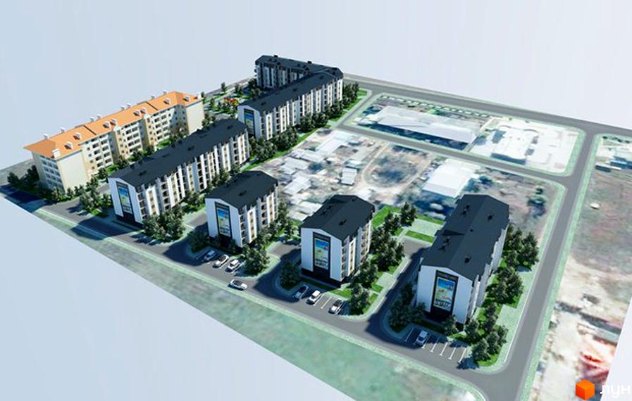 Житловий комплекс Новосел. Візуалізація показує кількаповерхові будинки з білими фасадами та темними дахами, прибудинкову територію з деревами та парковками.