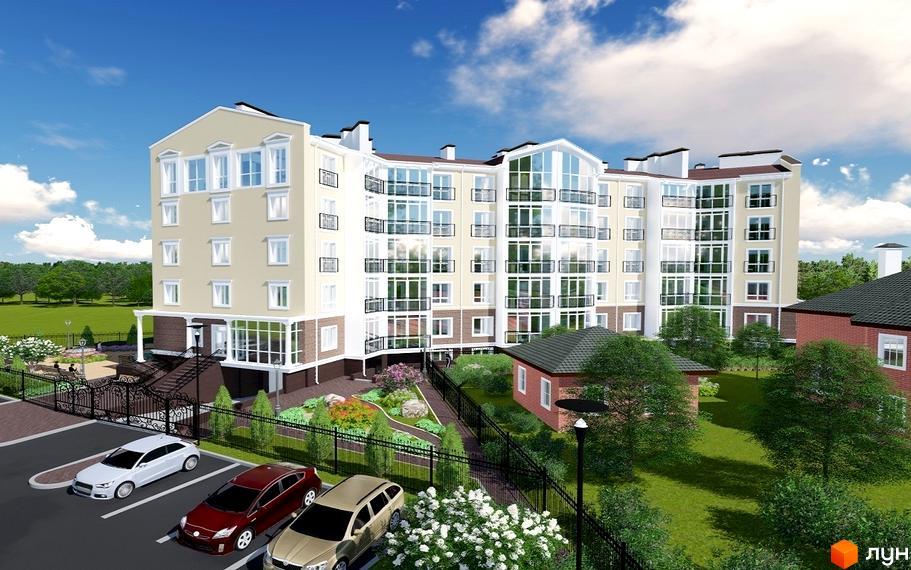 Житловий комплекс Мандарин. Багатоповерховий будинок з великими вікнами та балконами. Біля будинку є парковка, доглянутий сад та невеличкі будиночки.