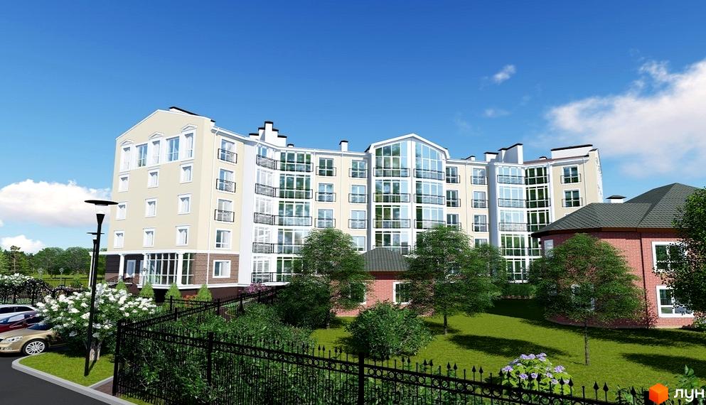 Житловий комплекс Мандарин. Багатоповерховий будинок з великими вікнами та балконами. На території є зелені насадження, газон та кована огорожа.