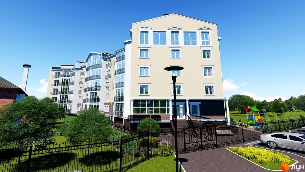 Висотна будівля житлового комплексу Мандарин з великими вікнами та балконами. На прибудинковій території є дитячий майданчик, парковка та зелені насадження.