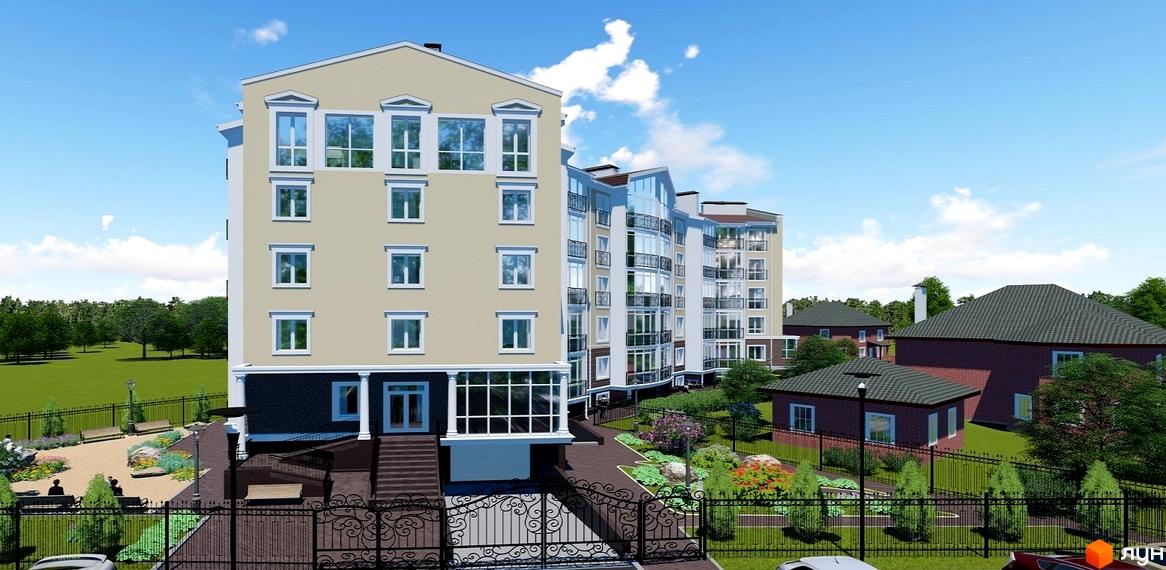 Зображення фасаду багатоповерхового будинку ЖК Мандарин з великими вікнами. На території комплексу є зелені насадження, лавочки та ковані ворота.