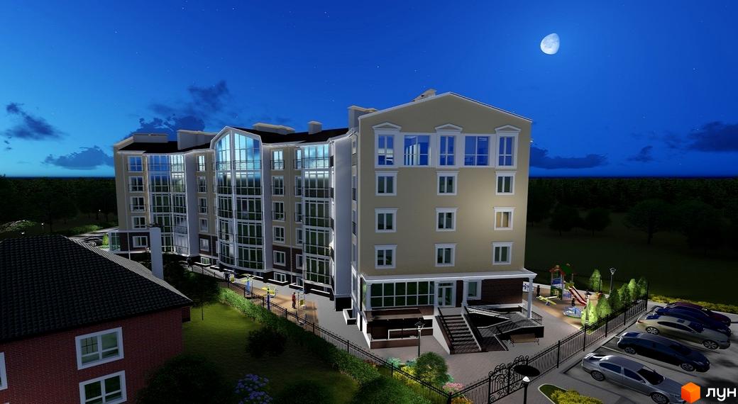 Зображення ЖК Мандарин. Багатоповерховий будинок з великими вікнами. На прибудинковій території є парковка, дитячий майданчик та зелені насадження.