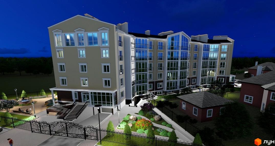 Житловий комплекс Мандарин. Багатоповерховий будинок з великими вікнами та балконами. На території є доріжки, зелені насадження та невеличкі будинки.