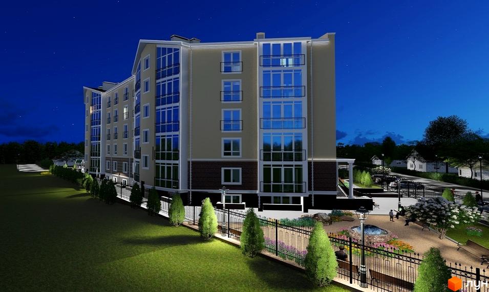 Зображення багатоповерхового будинку ЖК Мандарин з великими вікнами та балконами. На прибудинковій території розташовані доріжки, ліхтарі та зелені насадження.