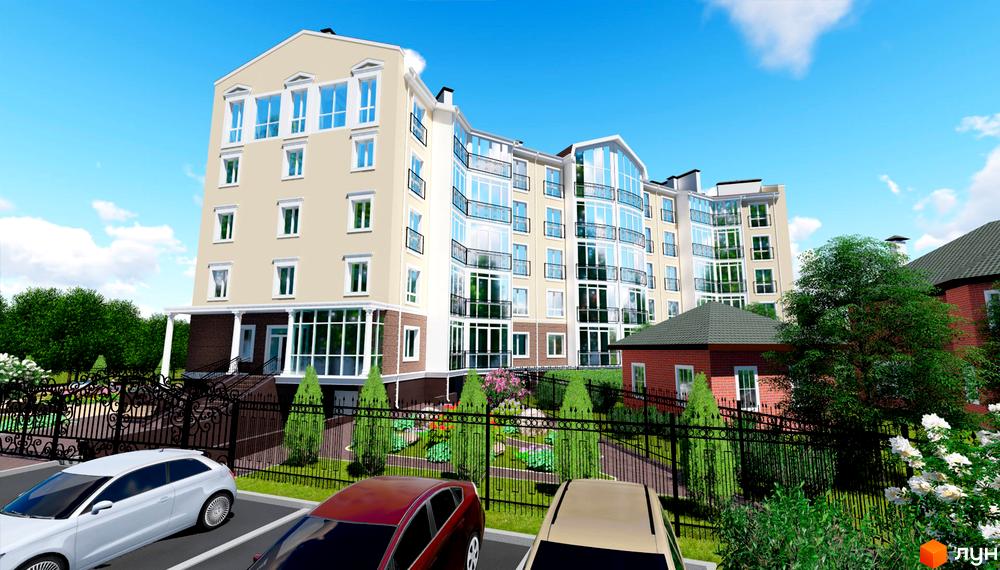 Житловий комплекс Мандарин. Багатоповерховий будинок з великими вікнами та балконами. На території є парковка, зелені насадження та ковані огорожі.