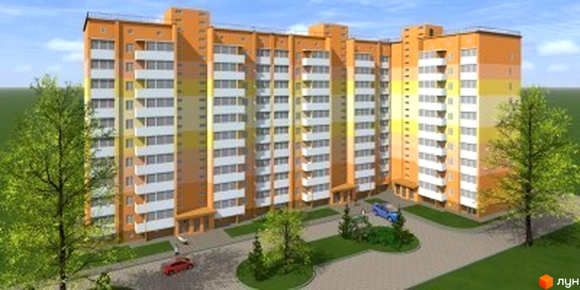 Багатоповерховий житловий комплекс на вулиці Параджанова, 1, з яскравим фасадом та балконами. Прибудинкова територія з деревами та автомобілями.