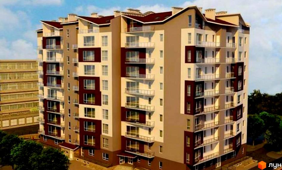 Житловий комплекс на вул. Караджича, 29а, 29в, 29г: багатоповерховий будинок зі світлим та темно-коричневим фасадом, балконами та зеленими насадженнями.