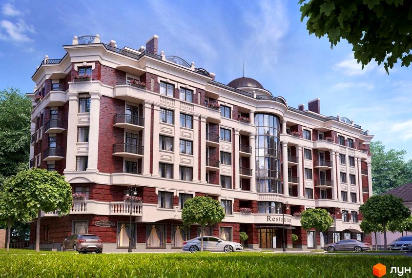 Зображення будинку Клубний будинок „Покровський“ з червоної цегли з білими колонами. На передньому плані зелений газон та припарковані автомобілі.