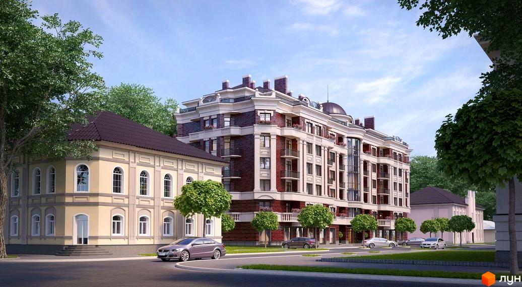 Клубний будинок „Покровський“ з багатоповерховим цегляним фасадом, білими декоративними елементами та балконами. Навколо видно дорогу, автомобілі та дерева.