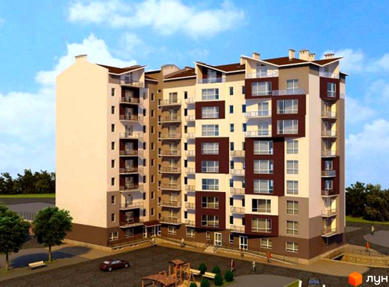 Житловий комплекс на вул. Караджича, 29а, 29в, 29г з бежево-коричневим фасадом, балконами та дитячим майданчиком.