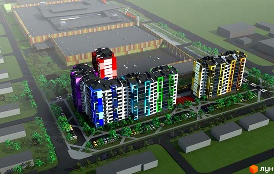 Житловий комплекс Левада Дем’янів лаз: багатоповерхові будинки з різнокольоровими фасадами та прибудинковою територією з деревами та парковкою.