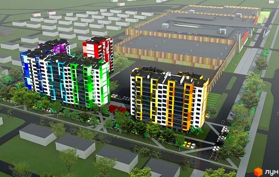 Житловий комплекс Левада Дем’янів лаз: багатоповерхові будинки різнокольорові фасади, зелені насадження та парковка. Сучасний житловий комплекс з розвиненою інфраструктурою.