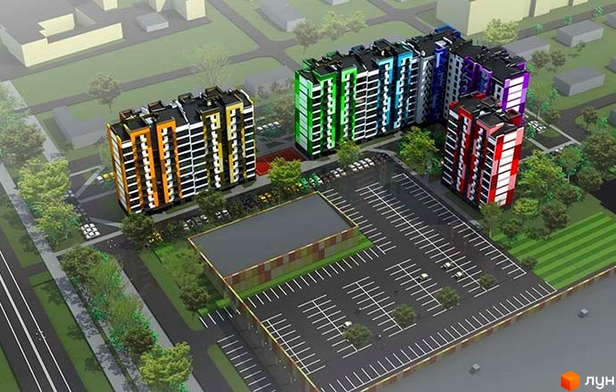 Житловий комплекс Левада Дем’янів лаз. Багатоповерхові будинки різнокольорові, з великою парковкою та зеленими зонами навколо.