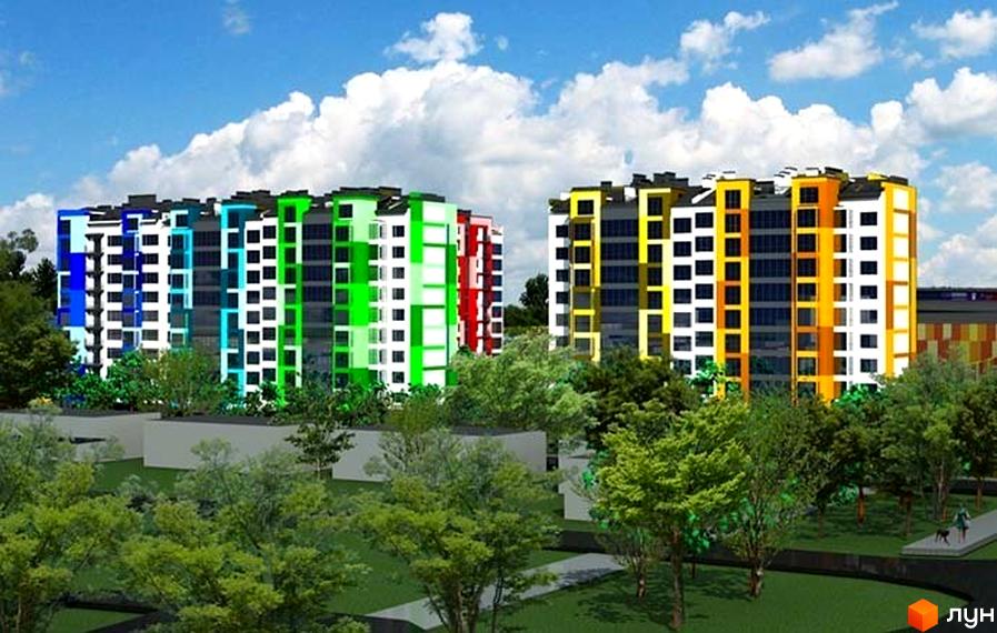 Житловий комплекс Левада Дем’янів лаз. Багатоповерхові будинки з яскравими фасадами блакитного, зеленого, червоного, жовтого та помаранчевого кольорів. Навколо зелені дерева та доглянута територія.