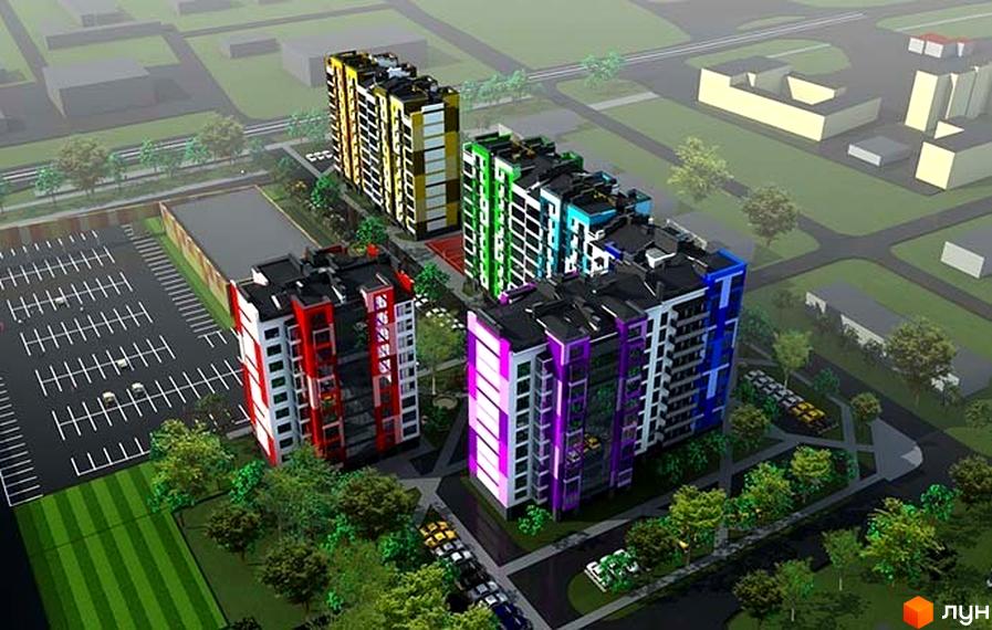 Житловий комплекс Левада Дем’янів лаз: багатоповерхові будинки з яскравими фасадами та прибудинкова територія з парковкою та зеленими зонами.