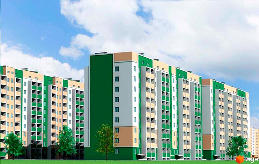 Зовнішній вигляд новобудови ЖК Салтівський-1 з зеленими та бежевими фасадами. Навколо будинку зелені насадження та дерева.