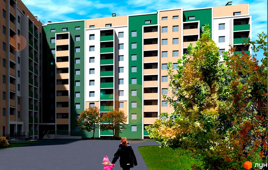 Зовнішній вигляд житлового комплексу Салтівський-1 з фасадами у зелених, бежевих та білих кольорах. На прибудинковій території видно зелену зону та доріжку, якою йдуть жінка з дитиною.