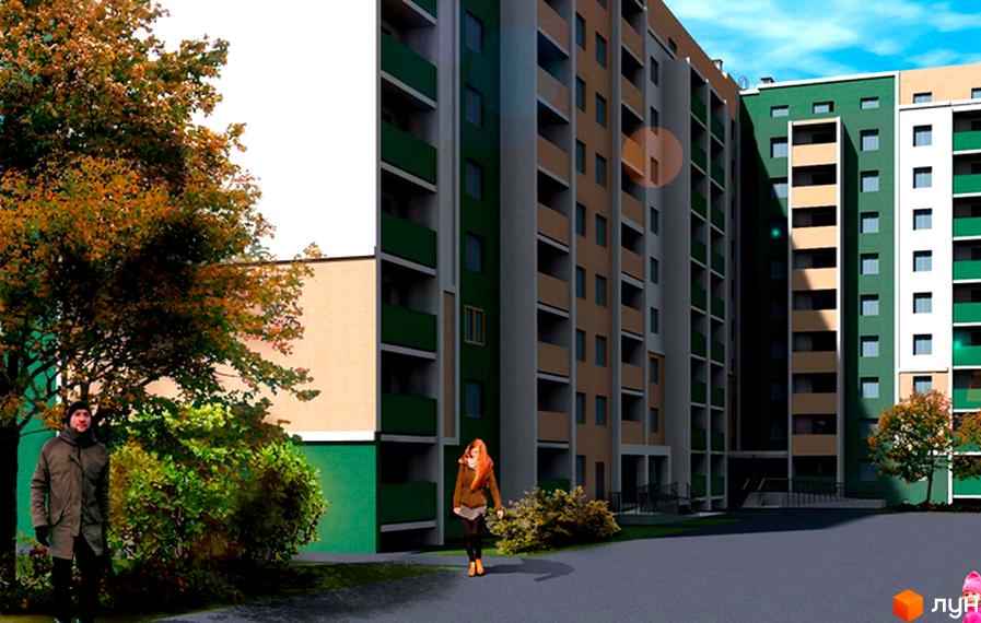 Житловий комплекс Салтівський-1: багатоповерхова будівля з зеленими та бежевими фасадами та балконами. Навколо облаштована територія з деревами.